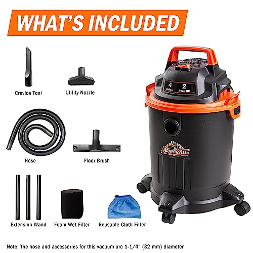 Armor All VO405P 0901 4 Gallon Wet/Dry Vac 2.0 Peak HP Shop Vacuum with Nozzles & Brush,Black/Orange - style: 4 Gal Vac