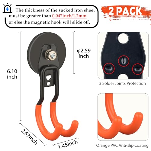 ULIBERMAGNET New Updated Garage Strong Magnetic Hooks, 2 Pack Heavy Duty Large J Hooks with Magnet, Anti-Slip Coating Magnet Hooks for Garden Tools, Ropes,Drill - style: Upgraded Orange Medium J Strong Hooks