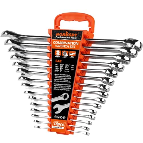 HORUSDY 15-Piece SAE Wrench Sets, Premium Combination Wrench Set Metric 1/4in-1 in, Max Torque, 12-Point, Chrome Vanadium Steel, with Storage Rack - style: 15pcs SAE Combination Wrench Set