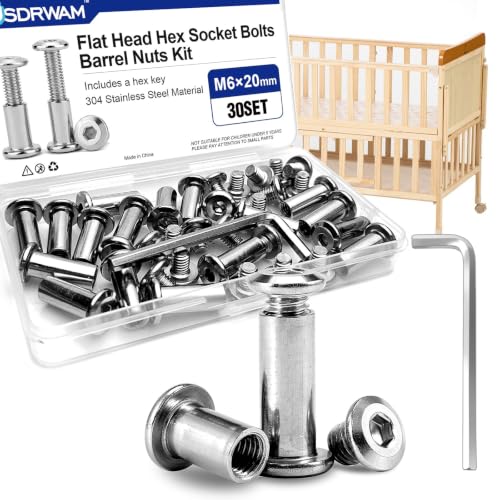 30 Sets M6 x 20mm Barrel Nuts and Bolts, Hex Socket Binding Screws - size: 30 Sets M6 x 20 mm