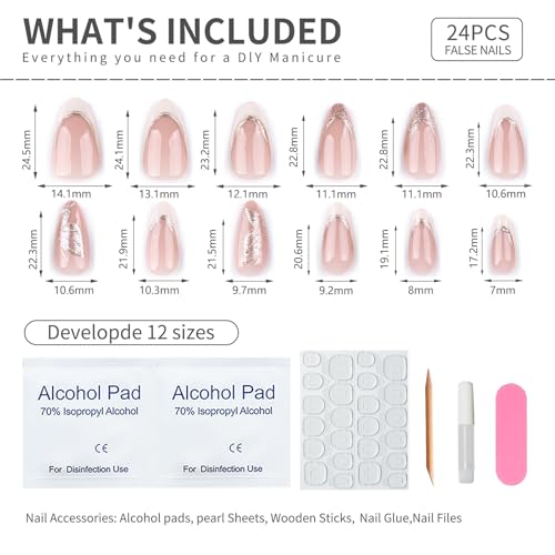 Mivota Medium Press On Nails Almond – Nude & White French Tips with Gold Foil and Glitter Accents, 24PCS Acrylic Fake Nails Kit with Glue and Tools, Elegant Glossy Stick On Nails for Women - color: 52-White Tip Gold Thread Butterfly