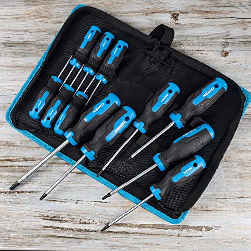 NEIKO 01377A Magnetic Torx Screwdriver Set | 12 Piece | T5 – T40 | 6 Point Star Head Driver | Heat Treated Chrome Vanadium Steel | Non Slip Cushioned Handle Grip | Magnet Bit Tip | Carrying Pouch - size: Torx Set