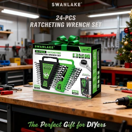 24-Piece Combination Ratchet Wrench Set, Metric (6-18mm) & SAE (1/4''-3/4'') Wrenches Set, 12-Point 72-Tooth Ratchet Spanners with Magnetic Base Organizer, Chrome Vanadium Steel for Auto Mechanic Tool - style: Ratchet Metric & SAE