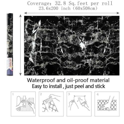 Arthome Black Marble Contact Paper, Peel and Stick Black Silver Paper, Self Adhesive Wallpaper (Black Sliver, 23.6"x200") - color: Silver Blk, size: 23.6" x 200"