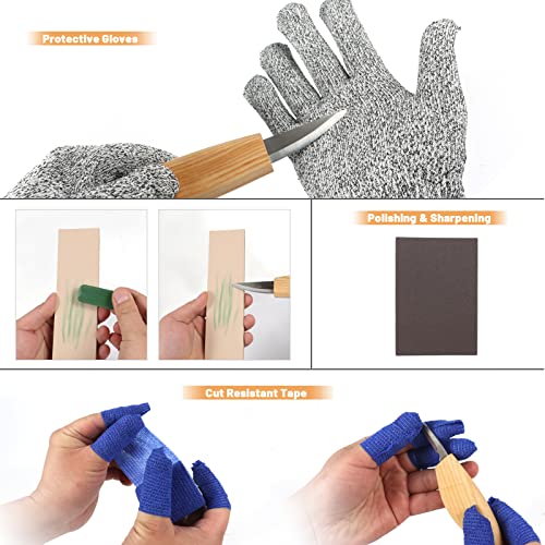 Wood Carving Kit 26pcs Wood Carving Tools Set with Wood Carving Knives Detail Knives Blocks Gloves Whittling Kit for Beginners Adults Kids Woodworking Tools for Spoon Bowl Kuksa Cup