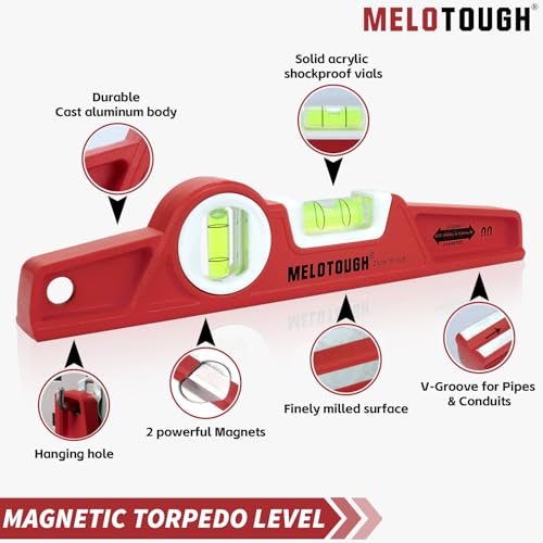 MELOTOUGH 10 Inch Die-Cast Magnetic Torpedo Level,Magnetic Level for Carpenter,Construction,Scaffolding, Plumbing,Torpedo Level with Rare Earth Magnet,Pencil and Holster,Red - color: Red-1pcs