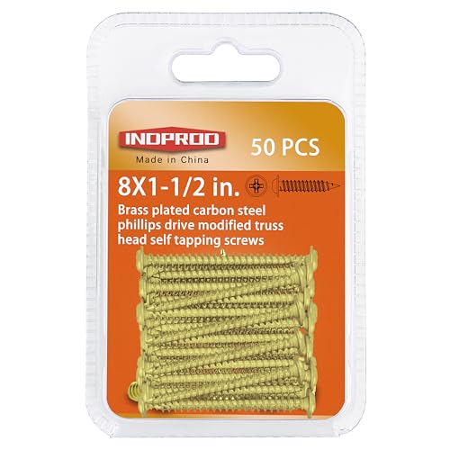 INDOROD #8 x 1-1/2" Truss Head Phillips Wood Screw (50 Pack), Brass Plated Screws, Self Tapping Wood Screws, Modified Truss Head, Brass Screws for Wood, 8 x 1-1/2 Inch, Gold - size: #8 x 1-1/2"