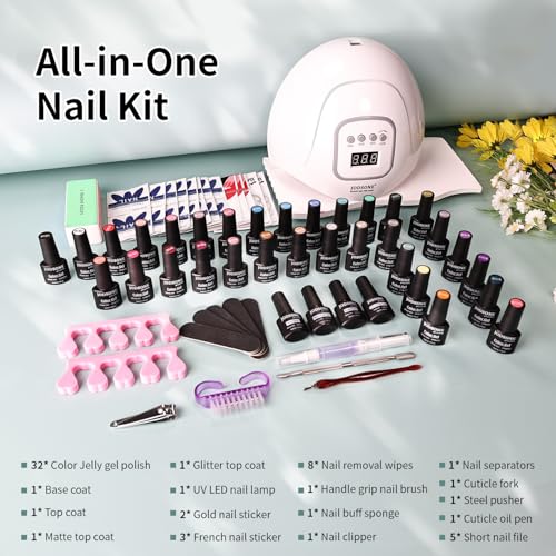 JODSONE 32 Colors Jelly Gel Nail Polish Kit with U V Light Crystal Transparent Classic Color 4 Functional Gel for All Seasons - color: KIT-16