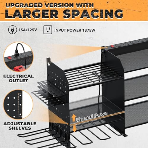 Upgraded Large Power Tool Organizer Wall Mount with Charging Station - color: Black