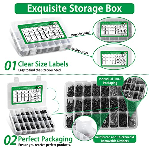 1500PCS Screw Assortment Kit, M2-M6 10.9 Alloy Steel Hex Flat Cap Bolts - size: M2 M3 M4 M5 M6 1500pcs 1