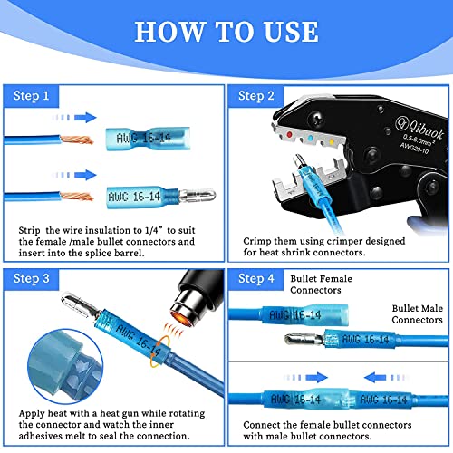 Qibaok 320PCS Heat Shrink Bullet Connectors Kit Female & Male Bullet Butt Terminals Insulated Waterproof Electrical Marine Crimp Automotive Connectors