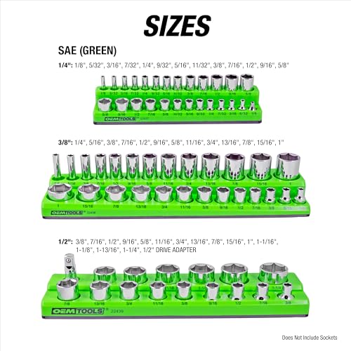 OEMTOOLS 6-Pc Metric & SAE Magnetic Socket Tray Set Holds 143 Sockets | Magnetic Socket Organizer Tray, Non-Marring Rubberized Base, Clearly Marked Sizes, 1/4, 3/8, 1/2 Inch Sockets - style: Black and Green