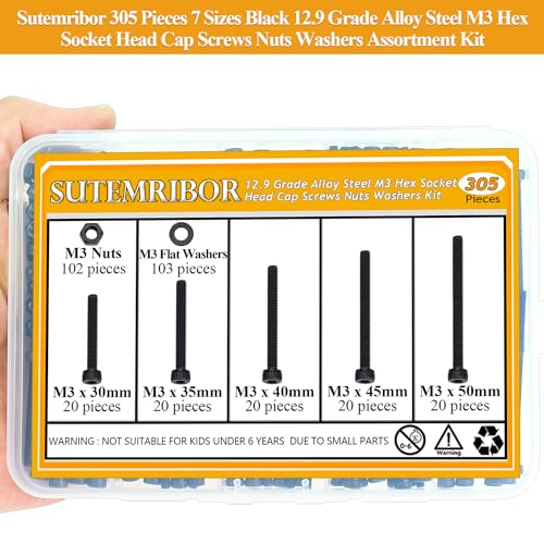 305 Pieces M3 x 30/35/40/45/50mm Hex Socket Head Cap Screws Nuts Washers Set Black, Sutemribor M3 Long Screws, M3 Black Screws Nuts Washers Assortment Kit, 12.9 Grade Alloy Steel, Fully Threaded - size: M3 x 30-50mm, style: Socket Head