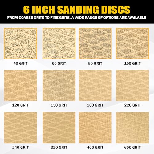 80Pcs 6 Inch 6-Hole Hook&Loop Sanding Discs, 100 Grit Diamond Yellow Sand, Dust-Free/Wear-Resistant, Latex Paper Base (No Fray), 135G Backing for Wood/Metal/Auto, DIY & Pros - style: 6inch-6Hole