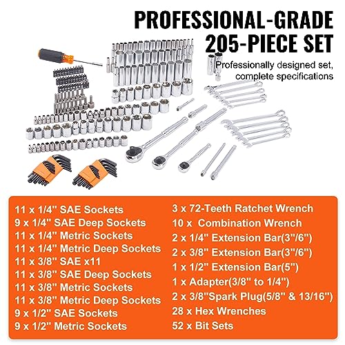 VEVOR Mechanics Tool Set, 205 Pcs SAE and Metric Sockets, 1/4" 3/8" 1/2" Drive Deep and Standard Sockets, Chrome Vanadium Steel, Polyethylene - size: 205-PCS