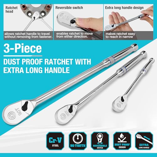 DURATECH 3-Piece Extra Long Drive Ratchet Handle, 90-Tooth Ratchet Wrench - size: 1/4", 3/8", 1/2" Combo Kit