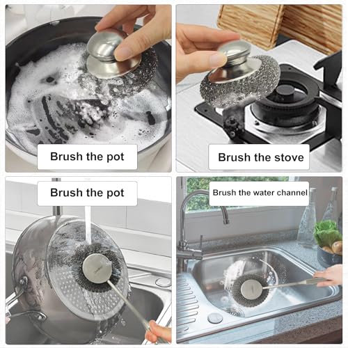 Stainless Steel Wool Scrubber Set, Long HandleBrushes for Pots, Pans, Grills & Cutlery Cleaning (3 Pack)