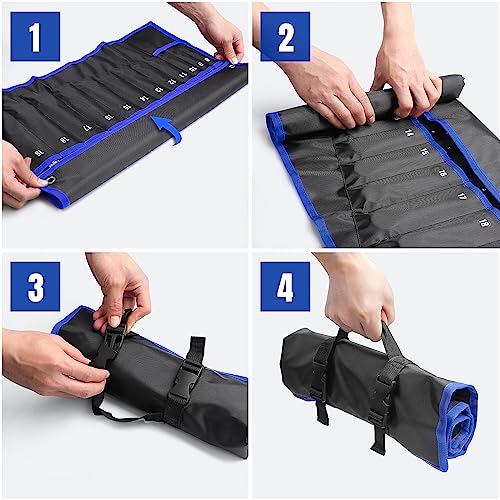 Wrench Roll Up Pouch – Wrench Organizer, Wrench Bag with Handle, Wrench Holder for Hanging - size: 19 Pockets Metric