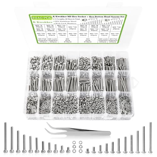 2540Pcs M3 Screws 4MM to 35MM, Socket Head & Button Head Screws, 304 Stainless Steel Assorted Nuts and Bolts Assortment Kit M3 Screw Kit with Nuts, Washer and Lock Washers - size: F. M3