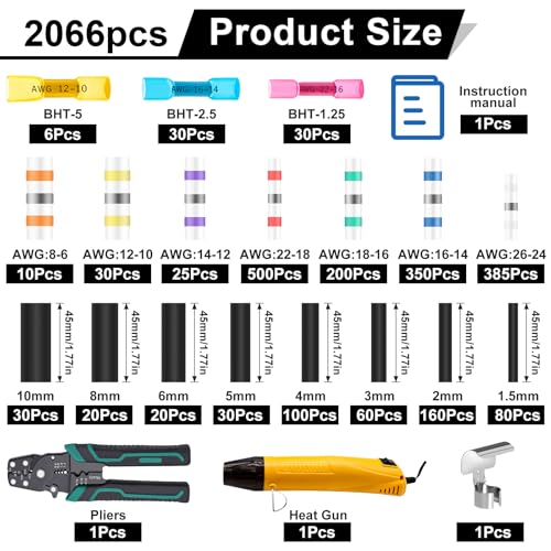 2066Pcs Heat Shrink Solder Seal Wire Connectors Kit with Heat Gun and Wire Stripper Crimping Tool, Waterproof Heat Shrink Wire connectors Electrical Wire Terminals for Marine Electrical - size: 2066Pcs