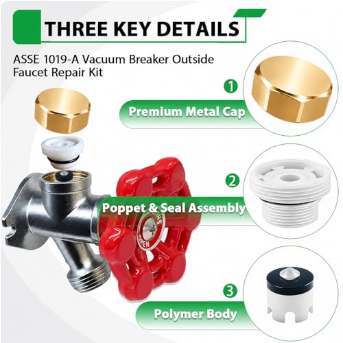 Gold Metal ASSE 1019-A Vacuum Breaker Check Valve Repair Kit, Anti-Siphon Replacement Parts, Corrosion Resistant, Solid Brass Top Cover, Plastic Body, Plunger & O-Ring, 1 Pack - color: yellow metal
