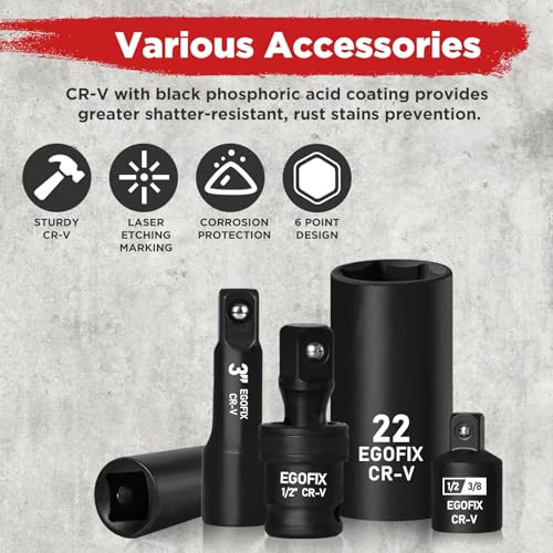 1/2” Drive Impact Deep Socket Set, 39 Pieces Metric(8-24mm)/SAE(5/16 to 1-1/4), CR-V Steel Tool Set with 3”, 5”, 10” Extension Bar, Adapters - color: 1/2-39pcs