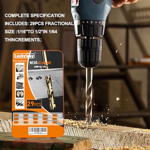 Luckyway 1/16"-1/2" M35 Cobalt Drill Bits (29 Pcs), Jobber Length Twist Drill Bit Set for Hard Metal, Stainless Steel, Cast Iron, Wood and Plastic, with Storage Case - style: 29 PACK SET