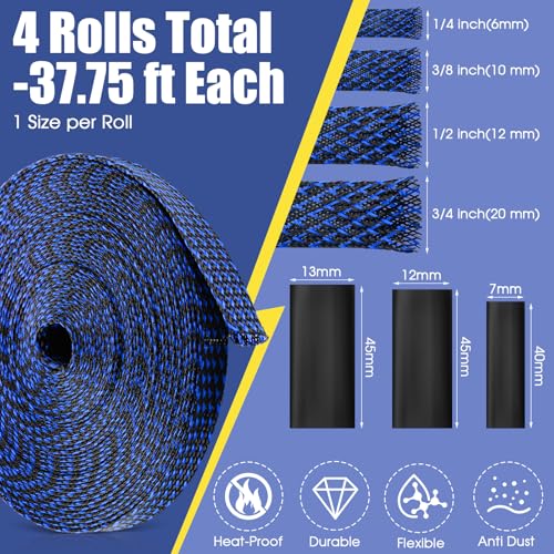 Tatuo 151 ft Braided Cable Sleeve Expandable Wire Sheathing(Blue, Black) - color: Blue, Black, size: 151 ft