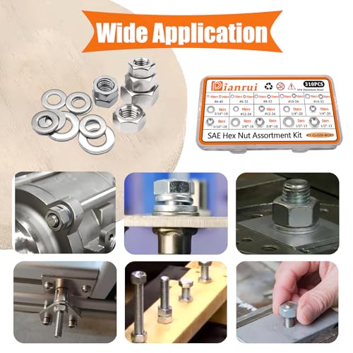 Dianrui 310PCS SAE Hex Nuts Assortment Kit with Flat Washers, 10 Size 304 Stainless Steel Hexnut Set Hardware Nuts #4-40,#6-32,#8-32,#10-24,#10-32,#12-24,1/4''-20,5/16''-18, 3/8''-16,1/2''-13 - size: 310PCS SAE Kit (#4-40—5/16''-18)