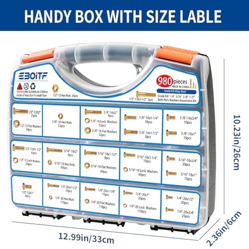 980cs Grade 8 SAE Bolts and Nuts Assortment Kit, 1/4-20, 5/16-18, 3/8-16, 1/2-13 Heavy Duty Hex Bolts and Nuts Kit, Assorted Nuts, Bolts, Flat & Lock Washers, Yellow Zinc Plated, Length from 1/2"-2" - size: 980PCS 1/4-20, 5/16-18, 3/8-16, 1/2-13