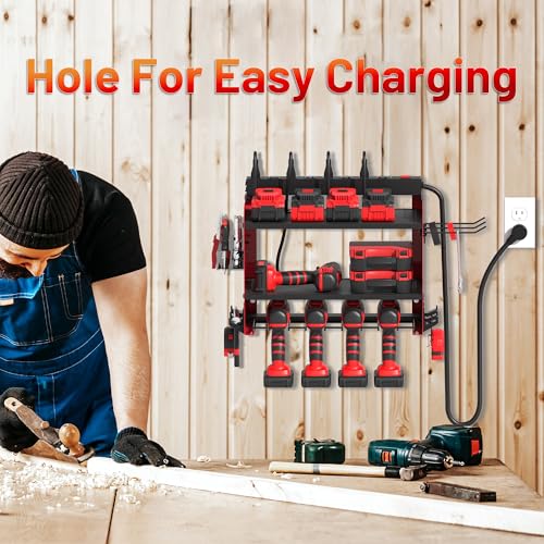 Power Tool Organizer Wall Mount with Charging Station, Garage Storage Rack for Cordless Drill, Tool Battery, Bit and Screwdriver, Utility Shelf with Power Strip and Hooks (3 Layer) - size: 3 layer