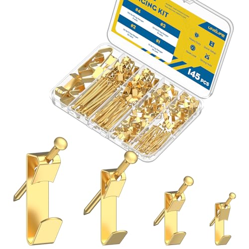 Uniclife 145 Pcs Picture Hanging Kit, 10 lb, 30 lb, 50 lb, 100 lb Heavy Duty Picture Hangers for Drywall & Wood, Picture Hanging Hooks, Frame Hooks for Hanging Photos Mirrors Paintings - size: 145 Pcs, style: Gold