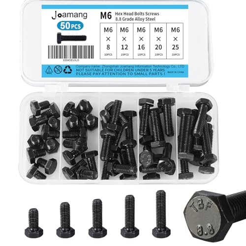 M6 x 8mm 12mm 16mm 20mm 25mm Hex Bolts, Hexagon Head Screw, 8.8 Grade Alloy Steel, Black Oxide Finish, Metric Full Machine Thread, Assortment Kit 50PCS - size: M6x8-25mm(50PCS)