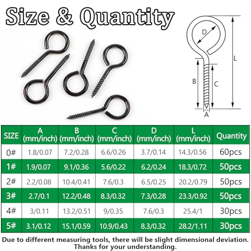 274PCS Black Eye Screws Kit, 0# -5# Eyelet Screw for Wood - color: Black, size: 0#-5#