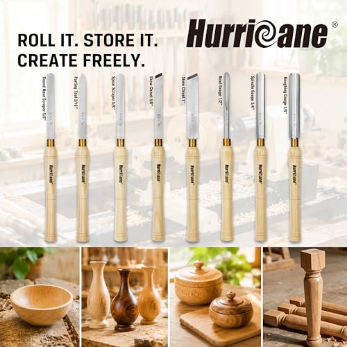 HURRICANE 8pc Wood Lathe Chisel Set, M2 HSS Wood Turning Tools with 10" Solid Hardwood Handles, Lathe Tool Kit for Beginners and DIY Hobbyists, Includes Protective Canvas Pouch - size: 8 pc with Canvas Pouch