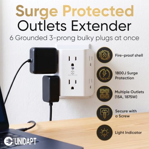 Unidapt Multi Plug 6 Outlet Extender, Surge Protector 900J, 2 Pack | Wall Splitter Power Strip, 3 Side Wide Spaced Adapter, Mountable Wall Tap Charger Expander for Office, Home, Travel - style: 2-Pack