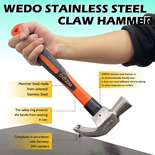 WEDO Claw Hammer with Fiberglass Handle,24oz Stainless Steel Framing Hammer,Length 330mm(13"),Shock Resistant,Corrosion Resistant,Rust Proof, Die-forged - size: 24oz