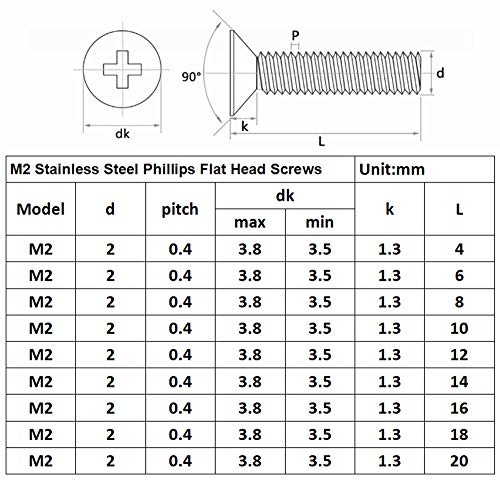 300Pcs Metric M2 Stainless Steel Phillips Countersunk/Flat Head Machine Screws Nuts Assortment Kit- M2x 4mm/ 6mm/ 8mm/ 10mm/ 12mm/ 14mm/ 16mm/ 18mm/ 20mm - size: M2