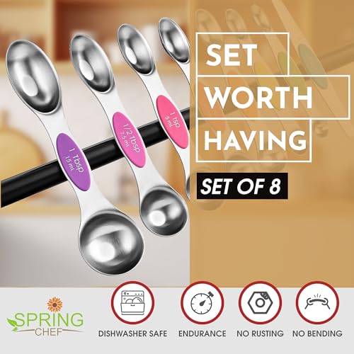 Spring Chef Stainless Steel Magnetic Measuring Spoons Set of 8, Neon - color: Neon, size: 1-Pack