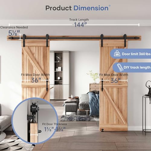 EaseLife 12 FT Double Sliding Barn Door Track and Handle Hardware Kit,Straight Pulley,Slide Smoothly Quietly,Easy Install (12FT Track Kit for 33"~36" Wide Double Door) - size: 12 FT-Double Door Kit