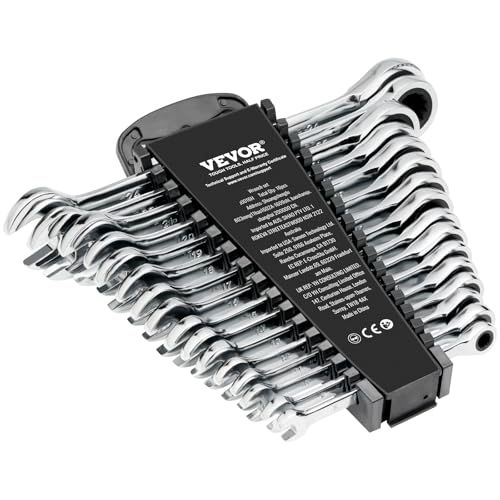 VEVOR Combination Wrench Set, 16-Piece Ratcheting Wrench Set with Organizer Rack, Cr-V Steel, Metric 8 mm to 24 mm, Ideal for General Household, Garage, Workshop, Auto Repairs, Emergency - size: 16PCS (Metric), style: Regular