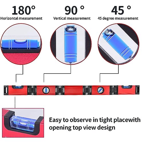 28-In Folding Level Tool, Magnetic Alloy Multi-Function Portable Level Measuring Tool with 4 Easy to Read Level Bubbles, Precise Leveling In Any Position for Woodworking & Construction & DIY'er - color: Red Folding Level Tool