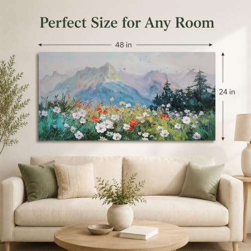 Ateliart Large Textured Wildflower Mountain Canvas Wall Art, 48 x 24 Inches | Textured wildflowers and misty mountains add fresh color and peaceful depth to living rooms, bedrooms, and dining spaces. - color: White wildflower, size: 48"L x 24"W