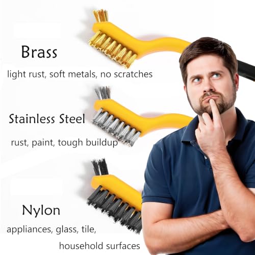 Wire Brushes 3Pcs, Nylon/Brass/Stainless Steel Bristles with 7in Handle - color: 3 PCS YELLOW