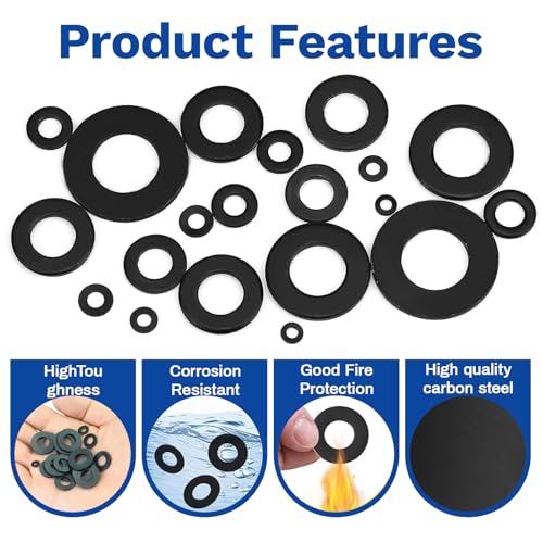 1100Pcs 9 Sizes Black Flat Washers for Screws & Bolts