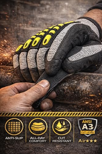 ANSI A3 Cut Resistant Work Gloves, TPR Impact Protection, Nitrile Anti-Slip Palm, HPPE Glass Fiber, Oil Resistant. LARGE - size: Large