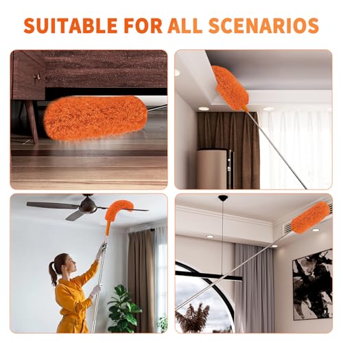Cobweb Duster with Extension Pole,Cleaner Outdoor 110" Telescoping Extended Sspider Brush, Dusting Kit,Long Handle Reach for High Ceilings and Fans,Microfiber Webster Remover Tools Feather Dusters - color: Orange