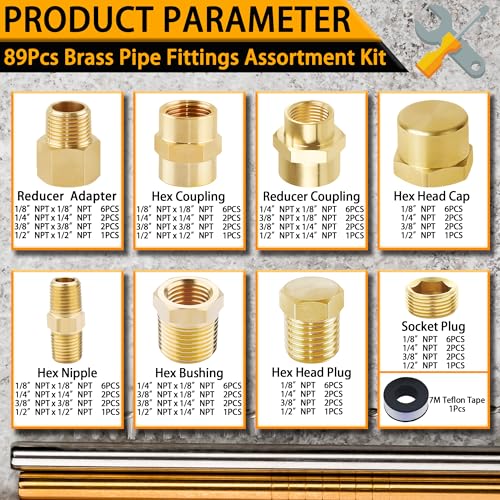 89-Piece Professional NPT Fitting Kit with Teflon Tape