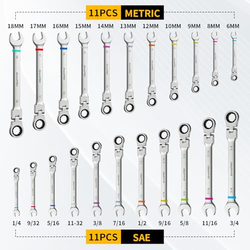 GRENPRO 23PC Flex Head Ratcheting Wrench Set Metric&SAE Combination OpenEnd - style: 23PCS Flex-Head Ratcheting Wrench Set