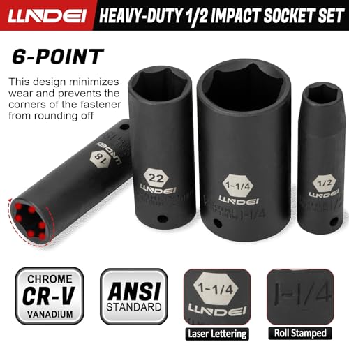 LLNDEI 1/2" Drive Deep Impact Socket Set 37Pcs SAE/Metric CR-MO - size: 37-Piece 1/2" Drive Socket Set SAE & Metric